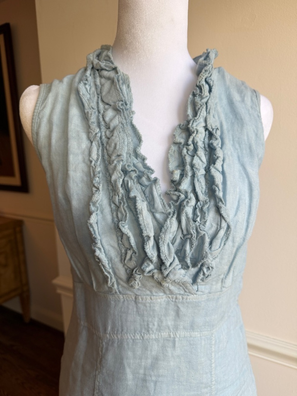 Made in Italy  Distressed Look Blue Balloon Triple Ruffle Top Dress S/M EUC - Picture 4 of 10